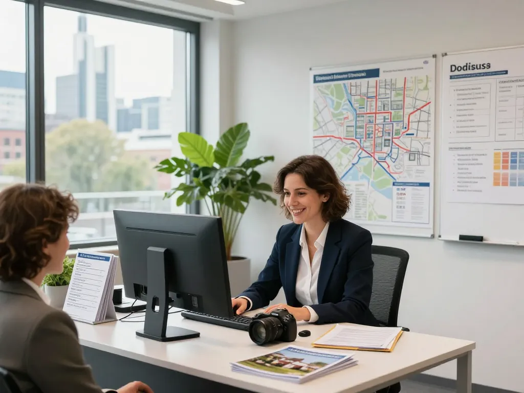 Immobilienmakler überprüft Immobilienangebote in einem lebhaften Büro und zeigt dabei die Expertise der Immobilienmakler Frankfurt Dornbusch.