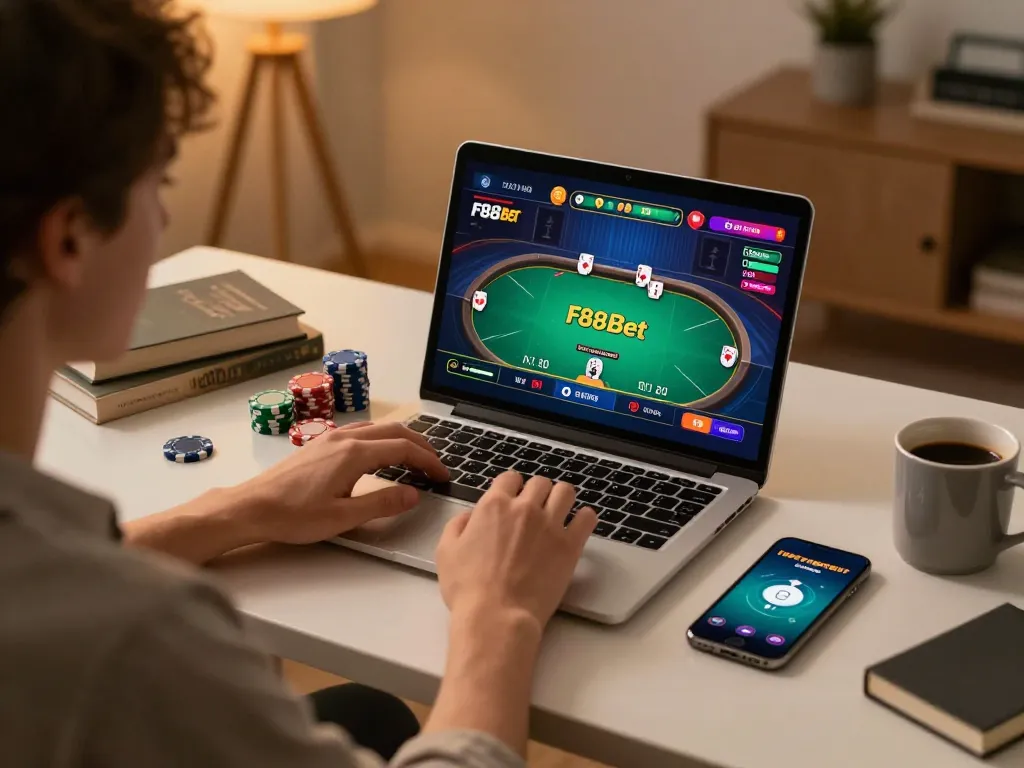 Engaging in F88 bet online poker game while managing bankroll and strategies at home.