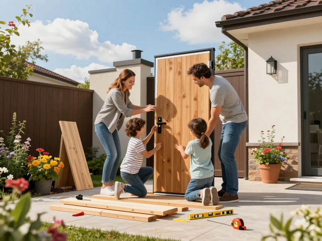 Eltern helfen Kindern, eine Nebeneingangstür in ihrem Garten zu installieren, um die Hausverbesserung zu betonen.