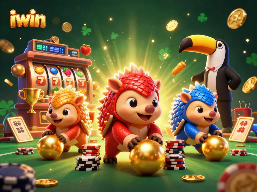 iwin pangolins competing in a vibrant casino scene with slot reels, showcasing exciting gaming action