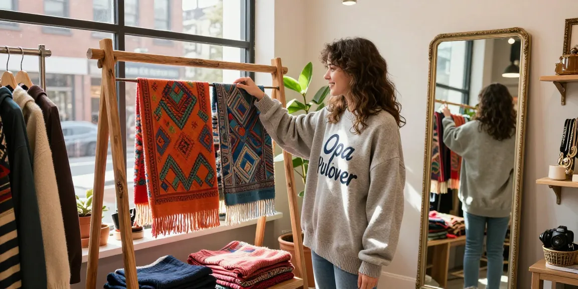 Young woman in a cozy boutique wearing a stylish Opa Pullover while exploring unique fashion accessories, embodying Kasselladi's modern lifestyle.