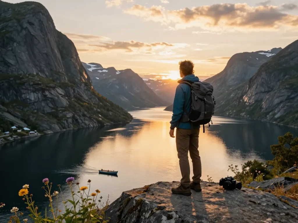 Beeindruckender Reisender bei Sonnenuntergang in Norwegen, der Urlaub in Skandinavien zwischen atemberaubenden Fjorden und Bergen genießt.