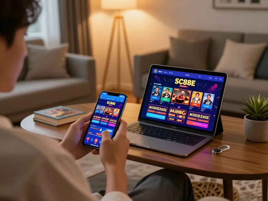 Person using smartphone and tablet for online gaming on SC88E app, showcasing strategic gambling.