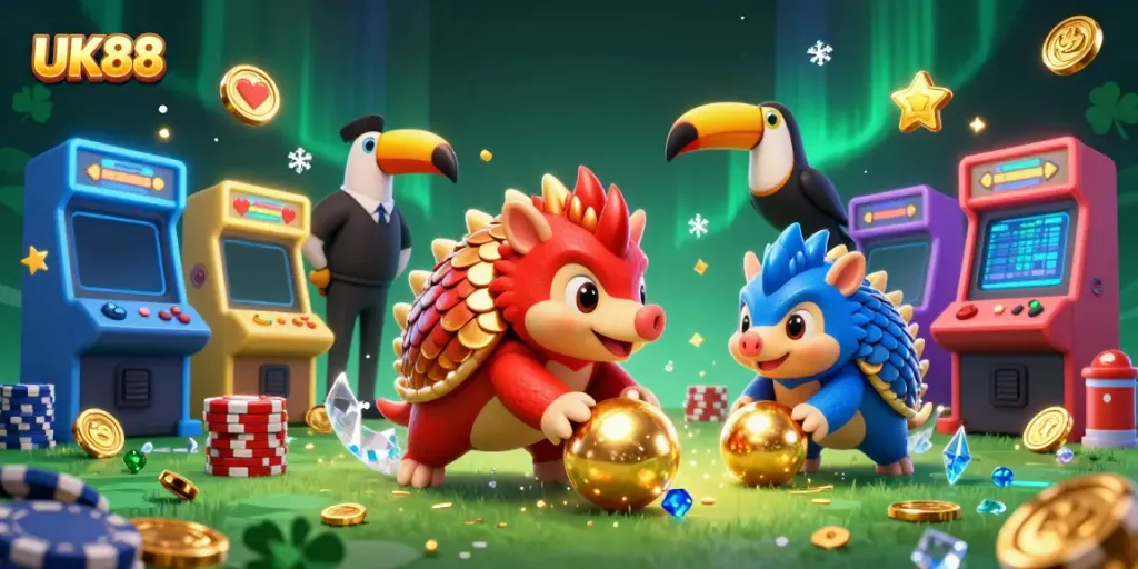Engaging UK88 casino scene featuring rival pangolins bowling through chips, vibrant gaming elements.