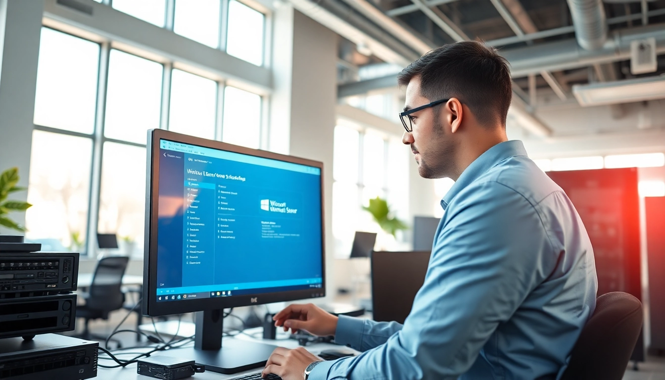 Microsoft Windows Server Standard 2025 günstig: IT-Experte konfiguriert Serverumgebung in modernem Büro.