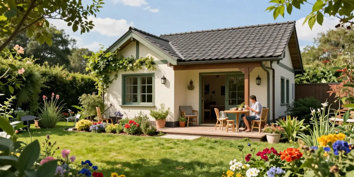 Garten Haus im Freien mit bunten Blumen und Gartenwerkzeugen, eine Person genießt Kaffee auf der Veranda.