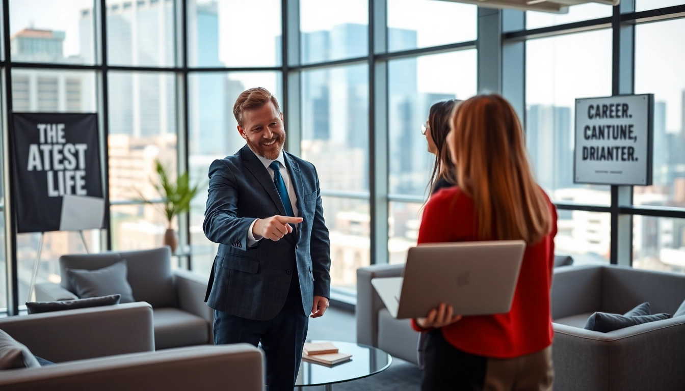 Headhunter Schweiz berät Kandidaten in einem modernen Büro mit Stadtblick.