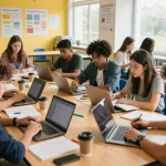 Schüler arbeiten zusammen, um effektiv Hausaufgaben in einem lebhaften Klassenzimmer zu lösen.