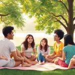 Promote mental health awareness with a serene illustration of friends discussing in a peaceful park.