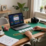 Player engaging in an online Plagiat Scan gaming session with blackjack interface visible on laptop.