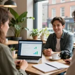 Engaging airbnb management dublin discussion between local experts in a cozy cafe.