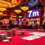 Feature-rich casino scene with poker chips, cards, and a roulette wheel highlighting 7m.