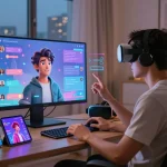 Engaging user interaction with character AI nsfw in a colorful digital setting filled with modern tech.