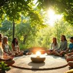 Spirituelle Seminare mit Teilnehmern in entspannter Atmosphäre unter Bäumen.