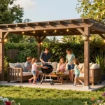 Visualisieren Sie eine atemberaubende Pergola 3D in einer lebhaften Gartenumgebung mit Familie und Aktivitäten im Freien.