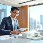 Immobilienmakler Frankfurt Dornbusch berät Kunden in einem modernen Büro mit Stadtansicht.