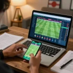 Person analyzing keonhacai odds for sports betting on laptop in cozy living room