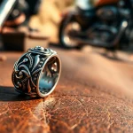 Eleganter biker ring mit detaillierten Gravuren auf einem Lederuntergrund, stilvoll inszeniert.