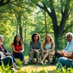 Spirituelle Seminare im Freien, Teilnehmer in einem Kreis diskutieren.