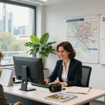 Immobilienmakler überprüft Immobilienangebote in einem lebhaften Büro und zeigt dabei die Expertise der Immobilienmakler Frankfurt Dornbusch.