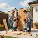 Eltern helfen Kindern, eine Nebeneingangstür in ihrem Garten zu installieren, um die Hausverbesserung zu betonen.