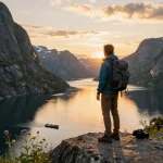 Beeindruckender Reisender bei Sonnenuntergang in Norwegen, der Urlaub in Skandinavien zwischen atemberaubenden Fjorden und Bergen genießt.
