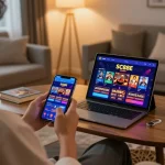 Person using smartphone and tablet for online gaming on SC88E app, showcasing strategic gambling.
