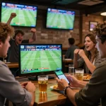 Betting on kèo bóng đá trực tuyến while celebrating a football match in a lively sports bar