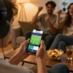 Cakhiatv user engaging in live sports betting with smartphone in cozy home environment