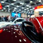 Moderne Auto Kufen in einer lebhaften Messeumgebung mit glänzenden Details.