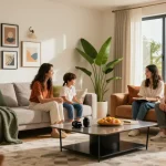 Bequemer Wohnraum, der Optionen zum wohnmöbel online kaufen mit stilvollen Sofas und modernem Dekor zeigt.