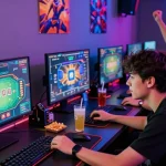 Gamers enjoying an intense session at https://b52club.radio.fm/ with vibrant LED lights and competitive atmosphere.