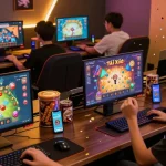 Online gaming celebration on https://gemwin.pics/ platform with players enjoying various games and high-tech setups.