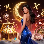 Engage in the vibrant world of an online casino ohne oasis showcasing a stunning Asian woman amidst exploding treasures.