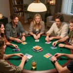 Friends playing poker at home, enjoying a cm88 gaming experience with chips and cards.