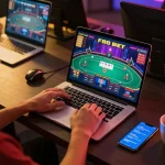 Engaged player enjoying F88 bet gameplay on their laptop in a cozy home setup.