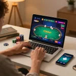 Engaging in F88 bet online poker game while managing bankroll and strategies at home.