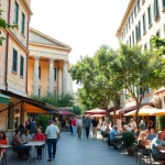 Athen street scene featuring ancient architecture and lively cafes.
