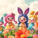 Gestalte faszinierende Gutdolls, die in einem farbenfrohen Garten herumspielen und Freude ausstrahlen.