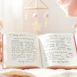 Baby-Tagebuch mit handschriftlichen Notizen in gemütlicher Baby-Nische.