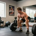 Intensives Training im Anabolika Shop: Bodybuilder hebt Gewichte in modernem Fitnessstudio.