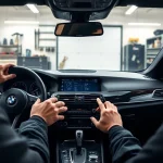 BMW Nachrüstung: Installation eines modernen Navigationssystems im Innenraum eines BMW-Fahrzeugs.