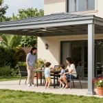 Freistehende Terrassenüberdachung aus Aluminium in einem sonnigen Garten mit Familie, die draußen spielt.