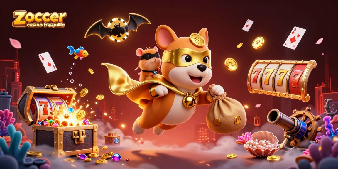 Erleben Sie zoccer casino freispiele mit einem heldenhaften Hund, der Goldmünzen trägt und in einer aufregenden Casino-Welt fliegt.