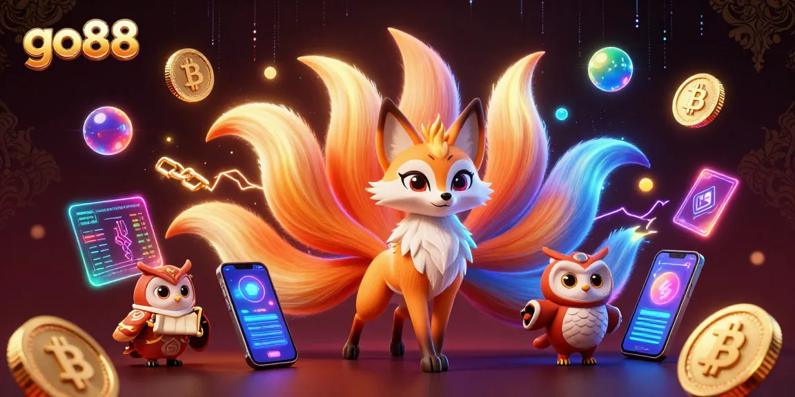 Play thrilling games at go88 casino featuring colorful nine-tailed fox and wise owl with crypto elements.