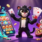 Cổng game bài đổi thưởng Sunwin showcases an elegant black panther dealing cards amid vibrant casino elements, creating an engaging atmosphere.
