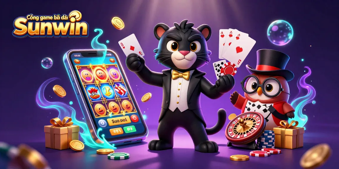 Cổng game bài đổi thưởng Sunwin showcases an elegant black panther dealing cards amid vibrant casino elements, creating an engaging atmosphere.