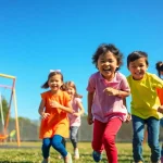 Details jetzt lesen ueber Kinder, die bei Bewegungsspielen auf einem bunten Spielplatz aktiv sind.