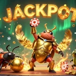 Celebrate winnings at VSBET LONDON with a 3D illustration of a gladiator beetle and jackpot.