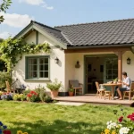 Garten Haus im Freien mit bunten Blumen und Gartenwerkzeugen, eine Person genießt Kaffee auf der Veranda.